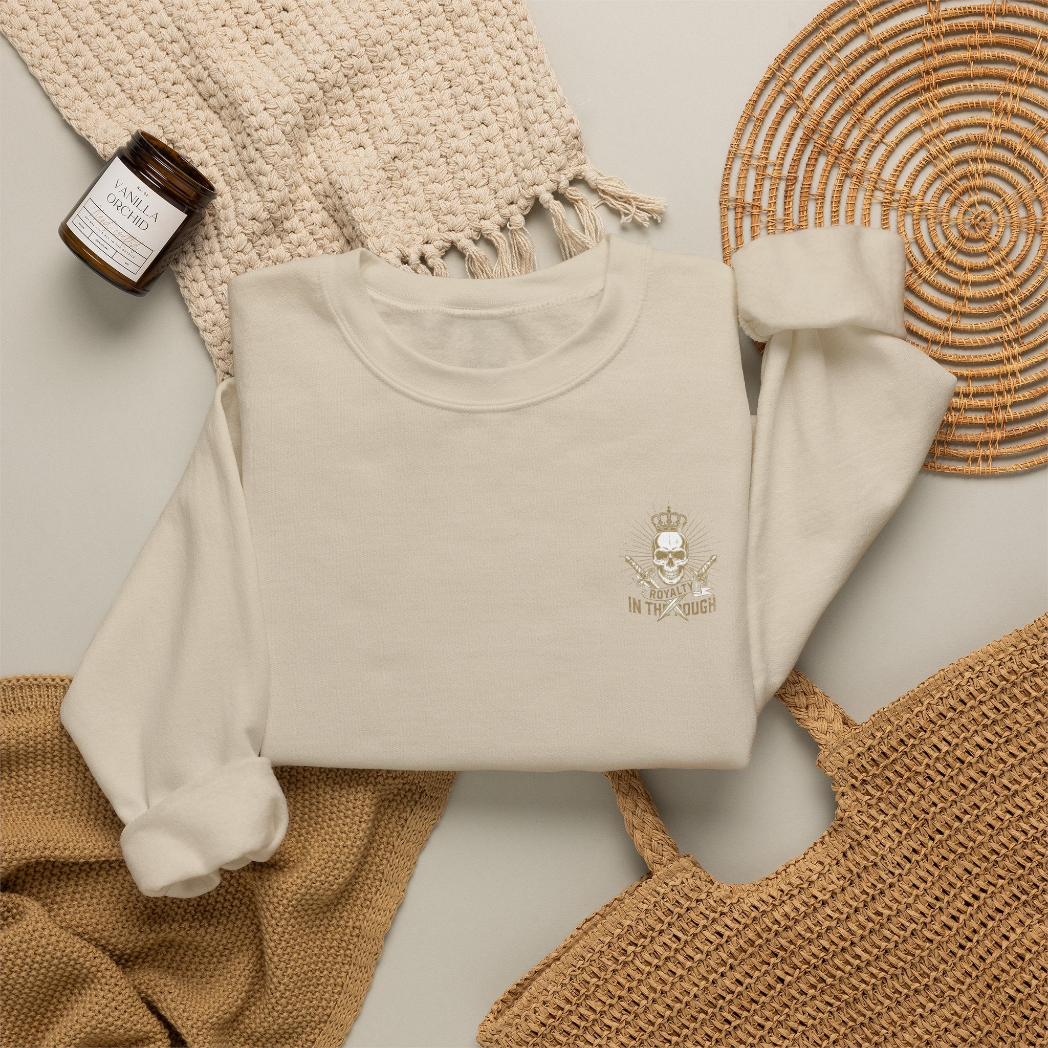 Minimal Crest Crewneck Sweatshirt — 'Be Kind' Embroidered Chest