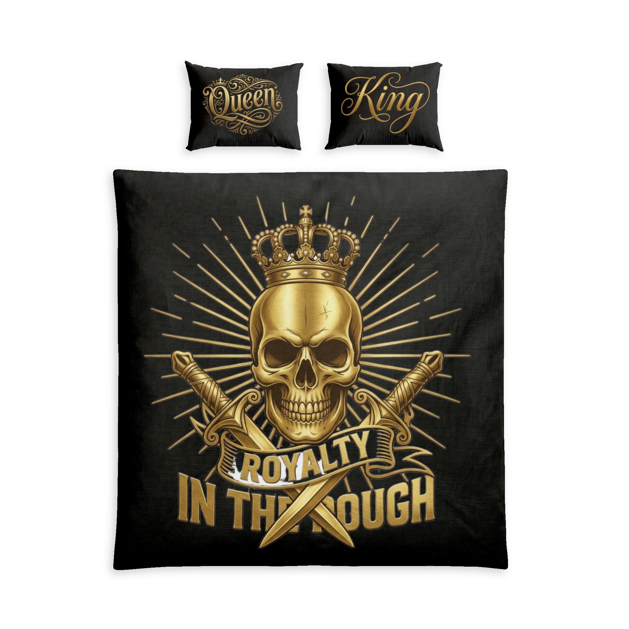 Royal Skull Cotton Bed Set — King & Queen Pillowcases, Gold Crown Duvet Cover