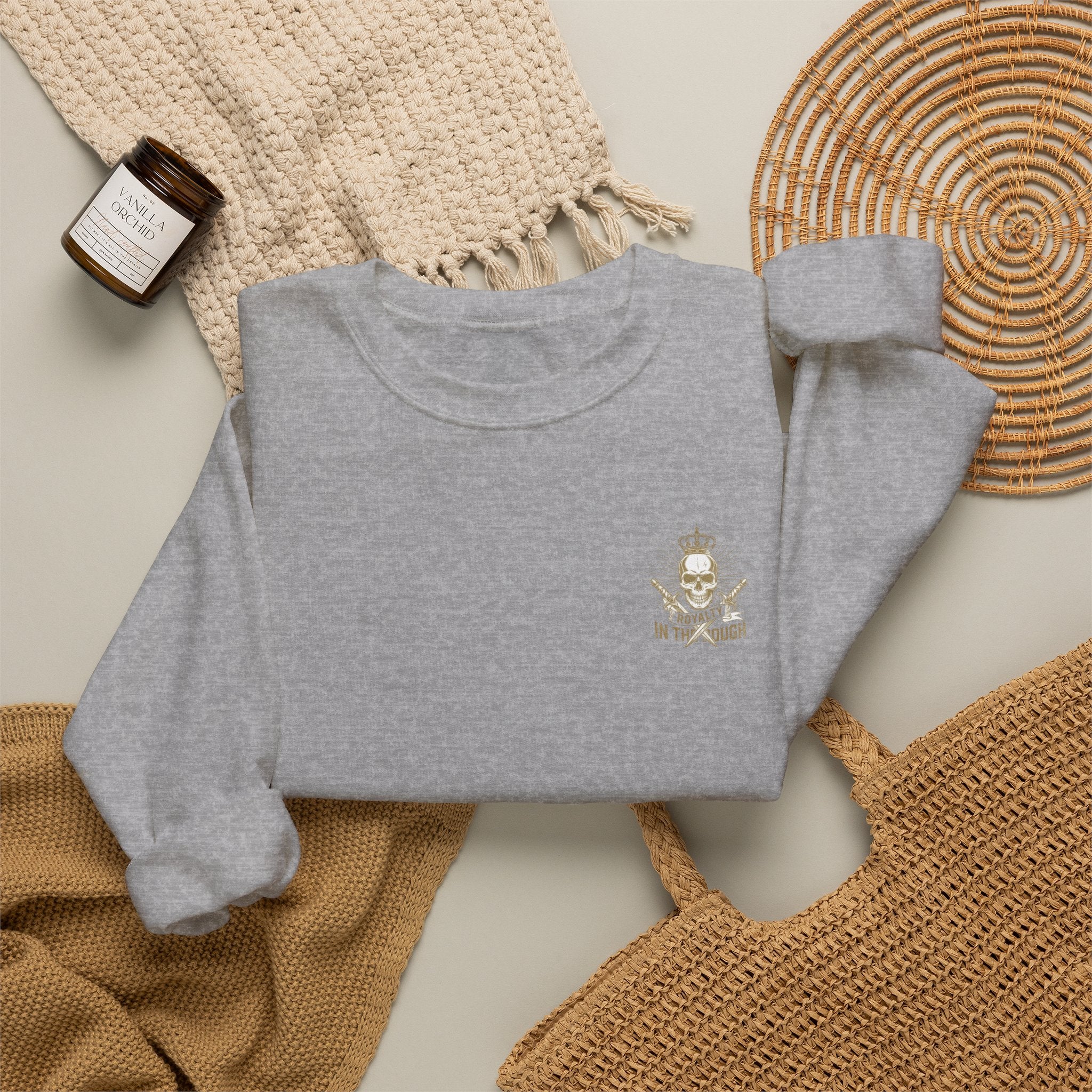 Minimal Crest Crewneck Sweatshirt — 'Be Kind' Embroidered Chest