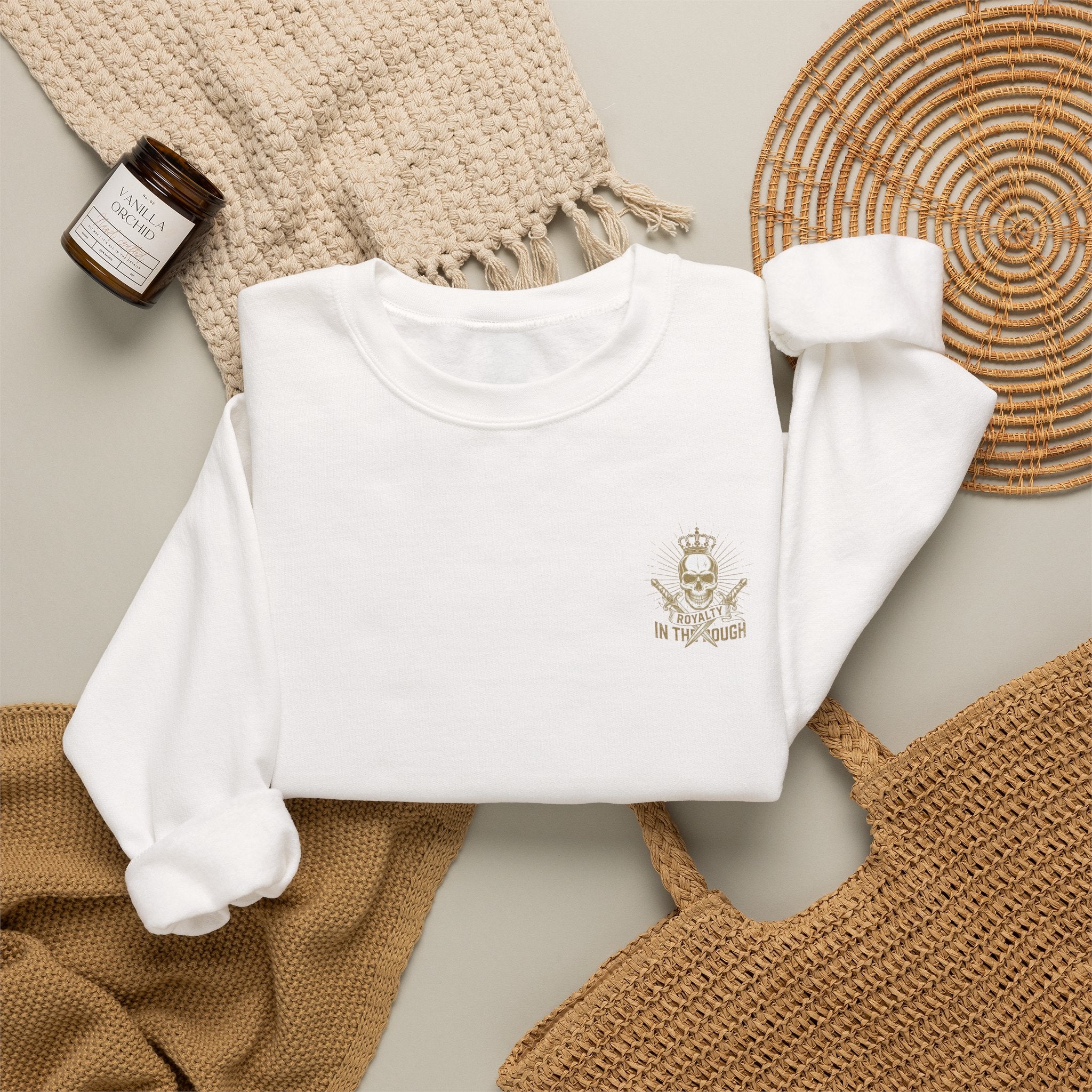 Minimal Crest Crewneck Sweatshirt — 'Be Kind' Embroidered Chest