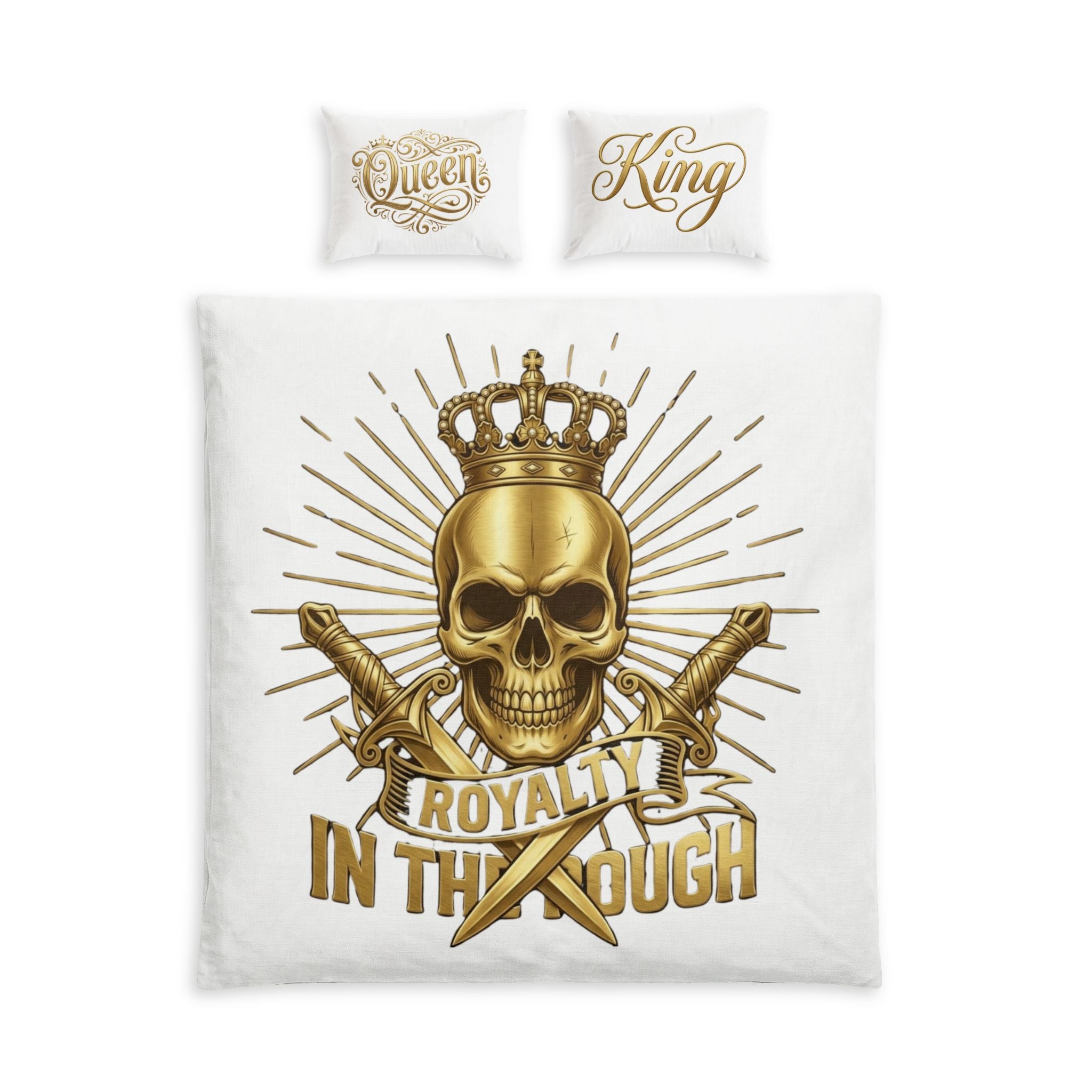 Royal Skull Cotton Bed Set — King & Queen Pillowcases, Gold Crown Duvet Cover